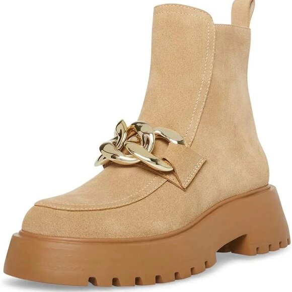 Steve Madden Shoes - Steve Madden Cleo Taupe Suede Chunky Lug Sole Curb Chain Ankle Boots Size 6.5